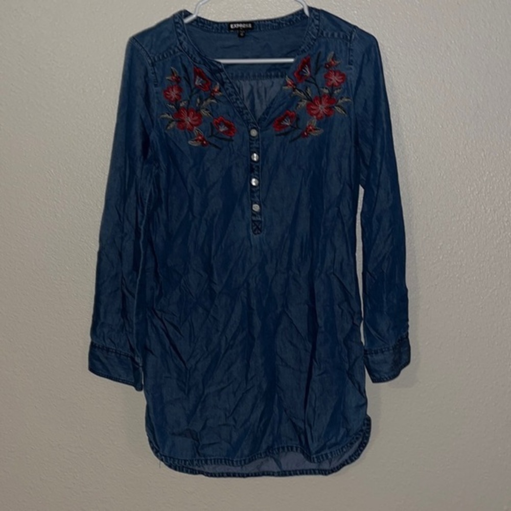 Express XS denim floral embroidered dress